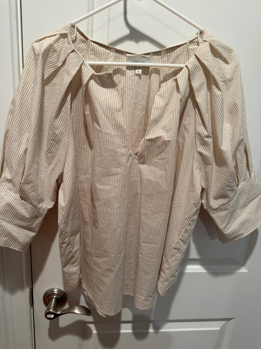 Matty M Cream and Beige Pinstripe Peasant Blouse